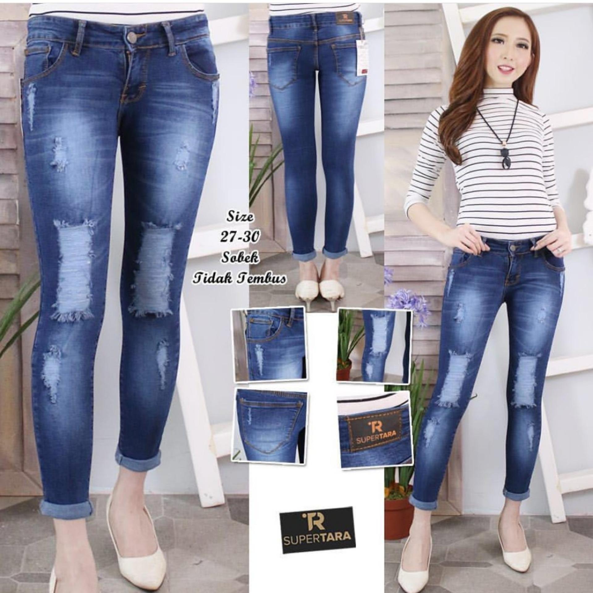 OZY - Celana Jeans Wanita Ripped Kaki Lipat - Sofjeans