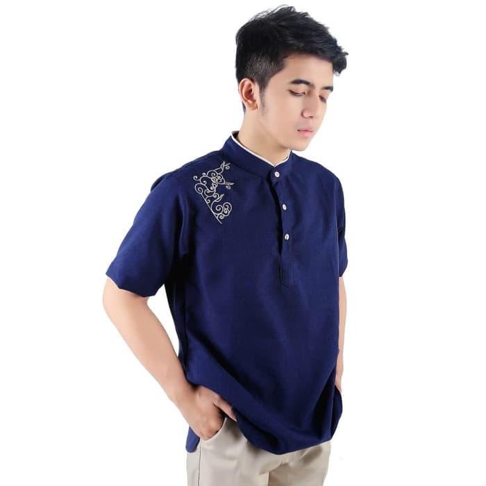Baju Kemeja Koko Pria Muslim Cotton Bordir Ori Raihan Navy Twickenham - Navy, S