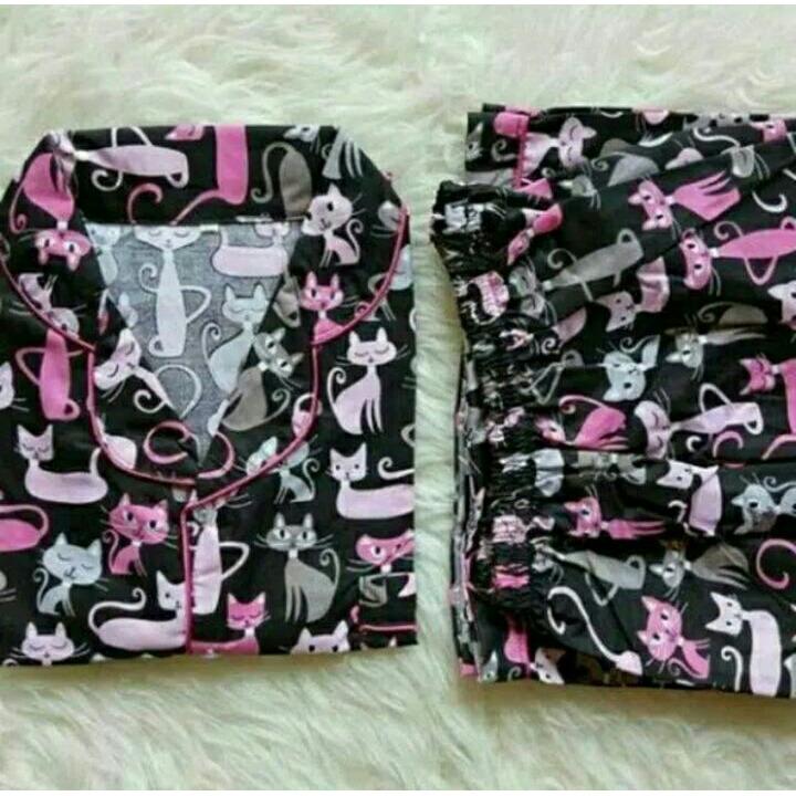 lunashop fashion wanita/piyama tidur/motif cat black/celana pendek