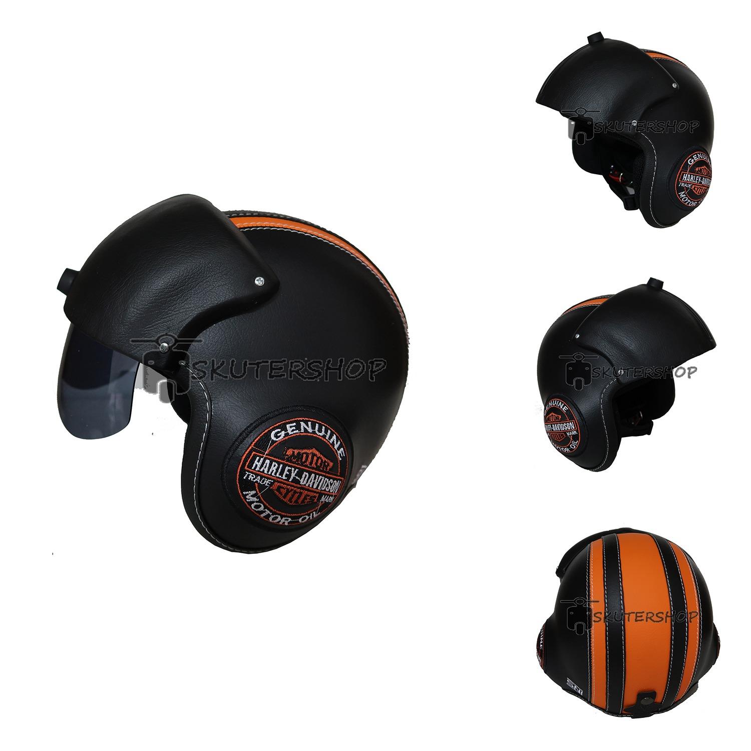 Broco Handmade Helm Pilot Kaca Retro Klasik Harley Davidson Full Synthetic Leather - Black Orange