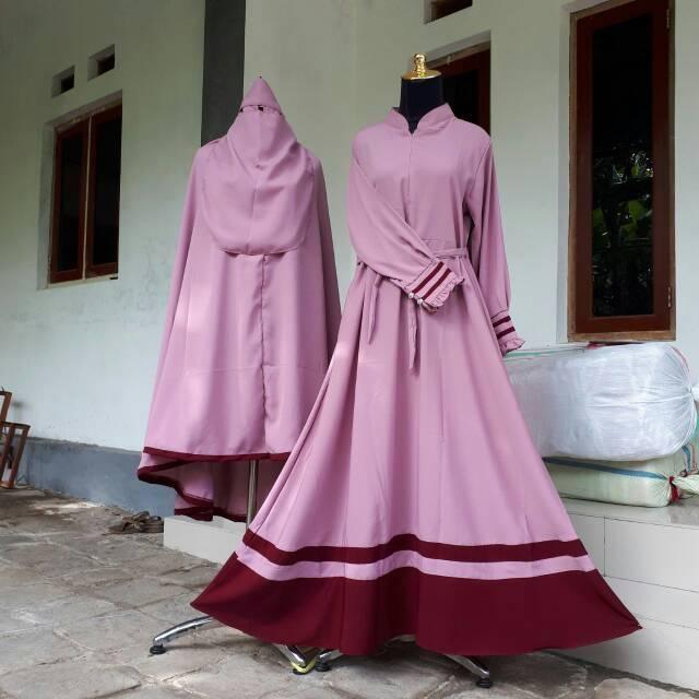 PROMO RAMADHAN!!! Gamis set wolpis list/ gamis set cadar (Abu list peach)
