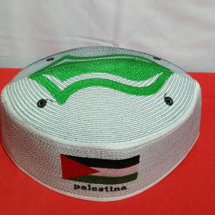 Peci putih motif terompah hijau Palestina bisa COD