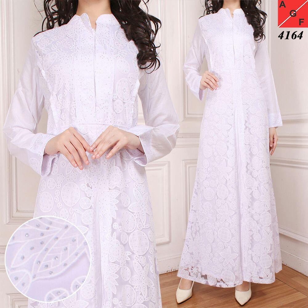 Gamis Brokat Brukat Putih Bersih glitter untuk lebaran haji umrah (XL)