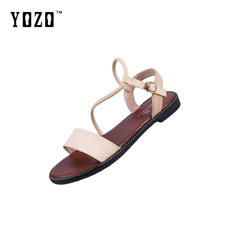 YOZO Wanita Kulit Asli Flat Sandal Mode Terkini Tali Gesper Kasual Sepatu Wanita Beige Hitam Putih