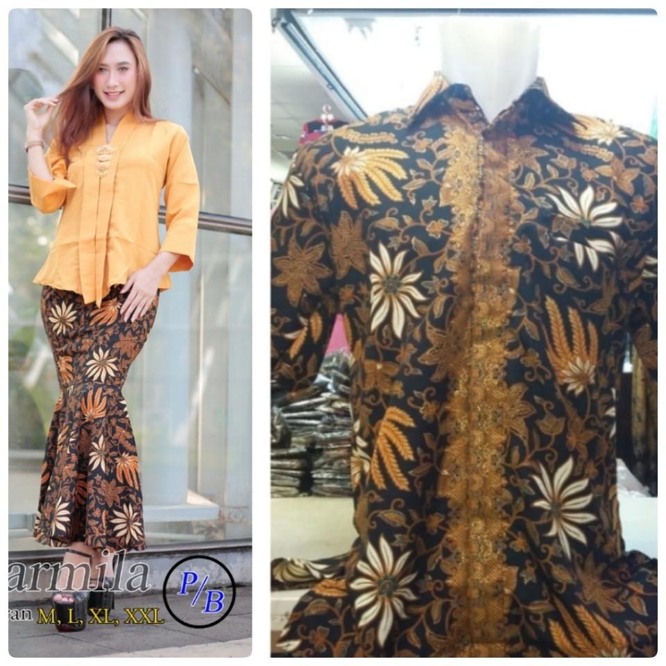 BAJU PASANGAN KEBAYA PESTA DAN BATIK PRIA / KUTUBARU MURAH / ROK DUYUNG / KEMEJA PRIA / COUPLE KEBAYA PESTA KARMILA WARNA GOLD DAN BATIK PRA ( FREE BROS CANTIK)