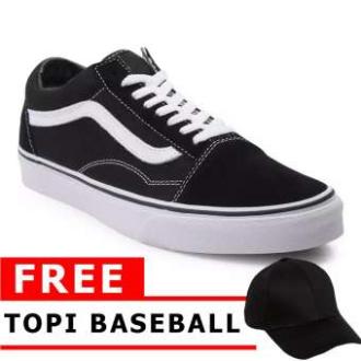 Sepatu Sekolah Casual Vans Old Skool Sneakers Pria Wanita Unisex + Free Topi Baseball Hitam