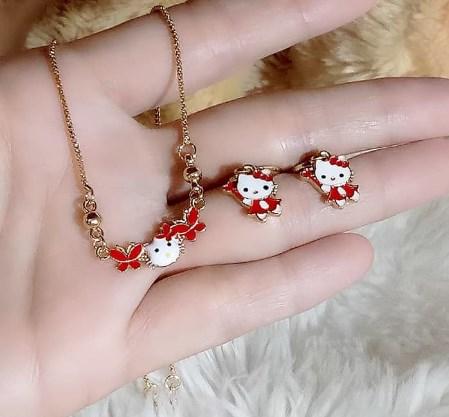 set anak 2pcs kalung dan anting model hello kitty merah lapis emas