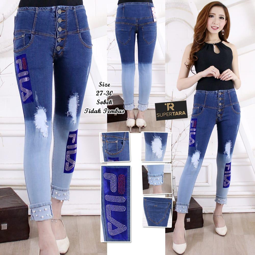 PIORIES - Celana Jeans Wanita - HW steak balik mutiara -Motif - Sofjeans