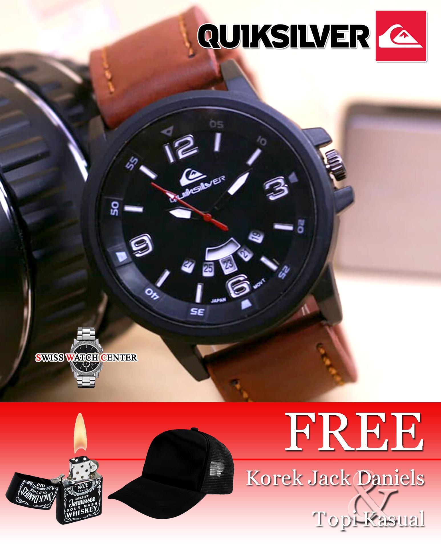 Quiksilver_Water Resist - Jam Tangan Sport/Kasual - Genuine Leather Strap / Tali Kulit [ SPESIAL PROMO ] - Bonus Topi Jaring Dan Korek Jack Daniels