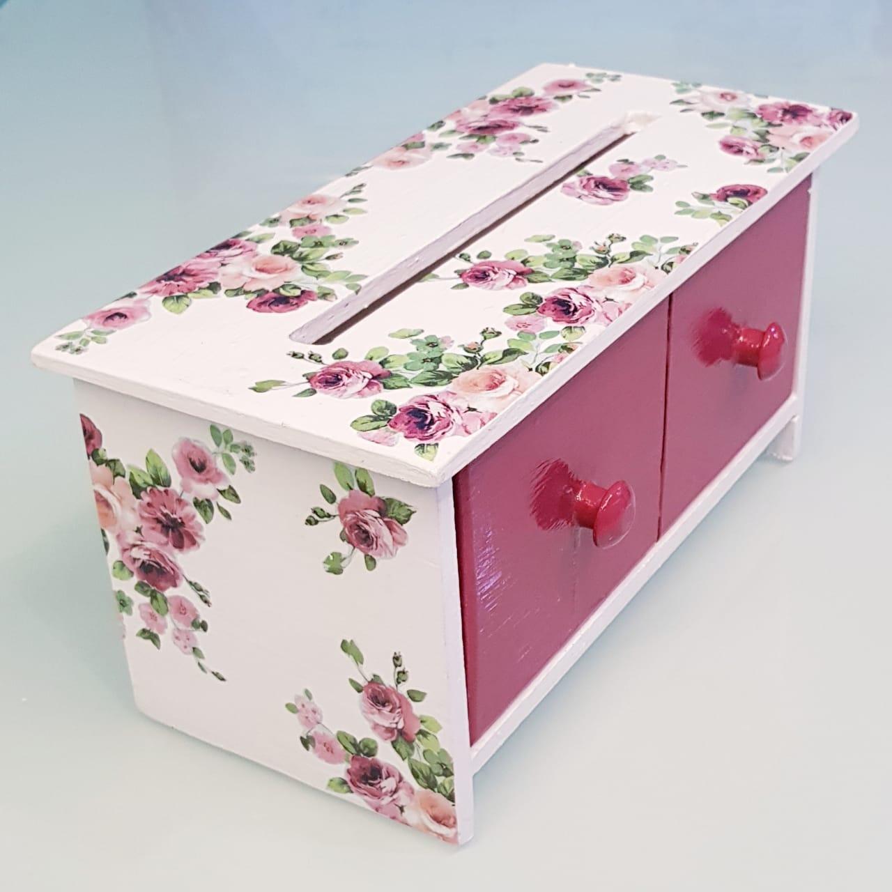 KOTAK TISSUE KAYU MOTIF DECOUPAGE SHABBY MAGENTA