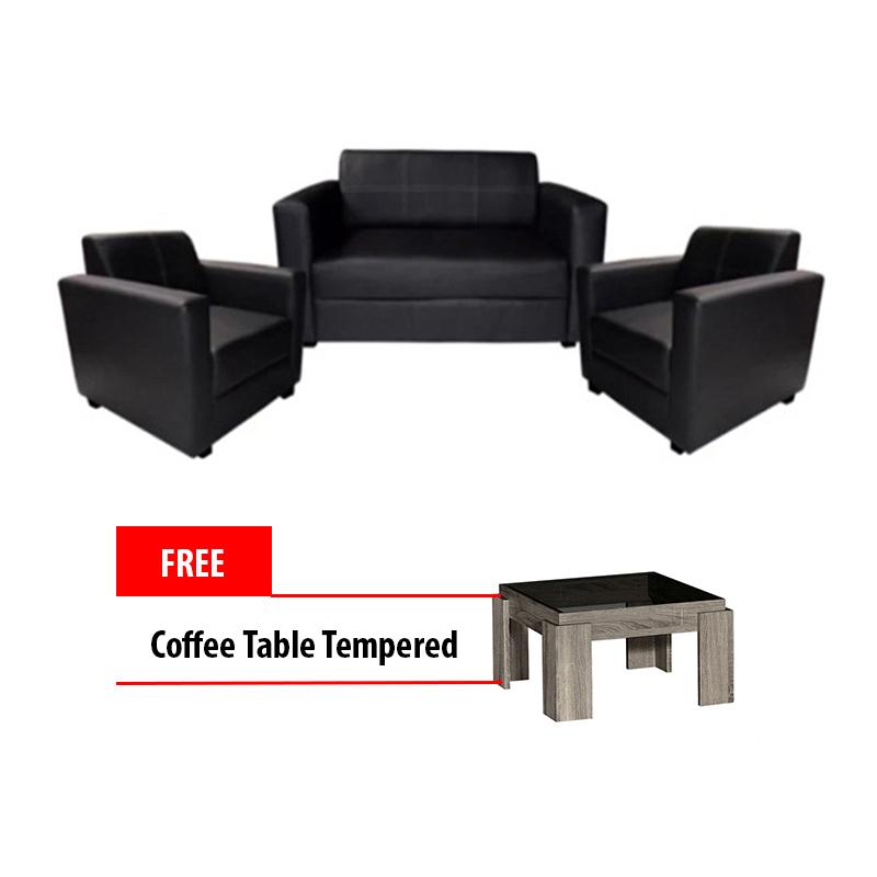 CREOVA Sofa Set Simply Black Free Bonus Meja Tamu Full Kaca Tempered Hitam
