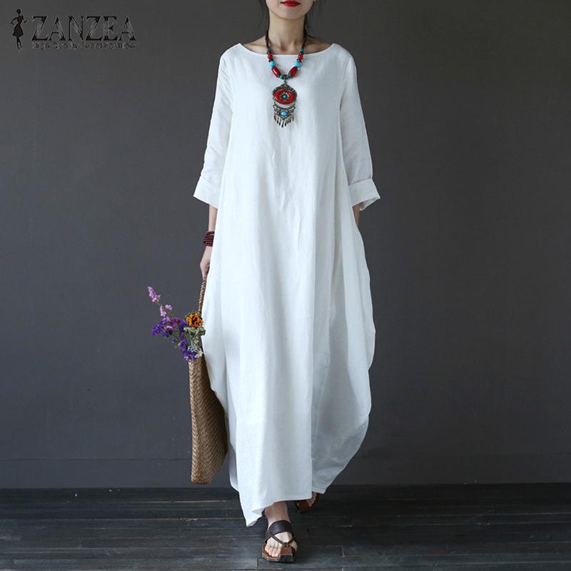 ZANZEA Womens Crewneck 3/4 Batwing Sleeve Baggy Maxi Long Shirt Dress Casual Party Kaftan Solid Robe Vestido Plus Size (Off White) - intl