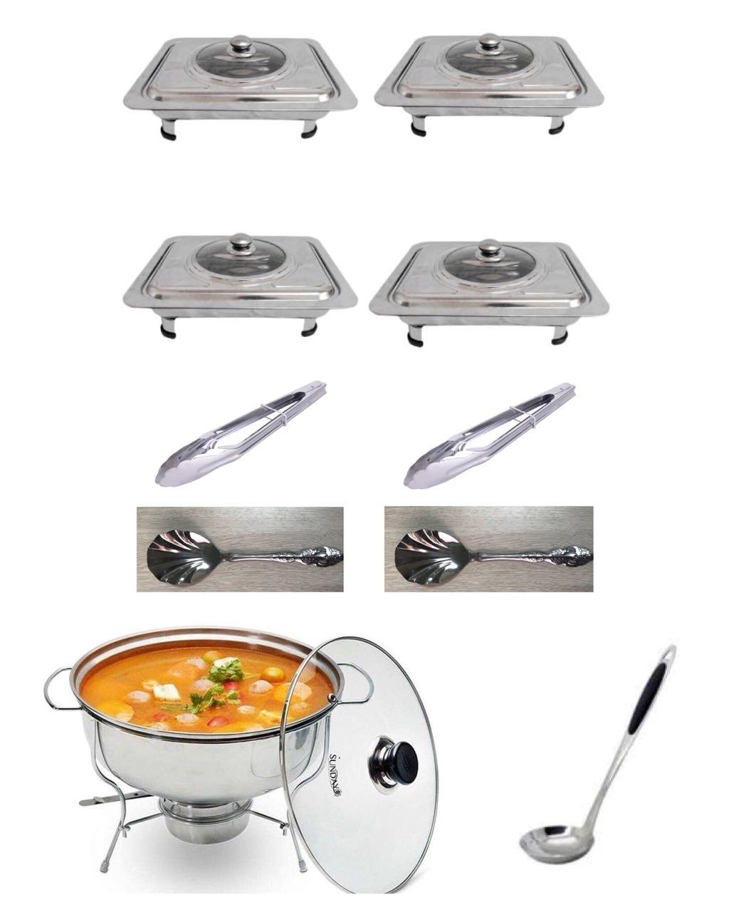 555 Wadah Saji Masakan  - Prasmanan Set isi 4, 1 Panci Soup, 2 Sendok Sayur,  2 Jepitan Makanan Stainless Steel, 1 Sendok Soup ( 10 in 1 )