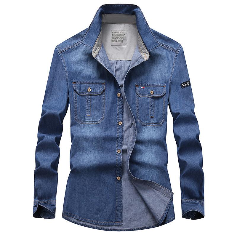 Medan Perang Koboi Pria Lengan Panjang Bagian Tipis Kemeja Kemeja (Denim Biru)