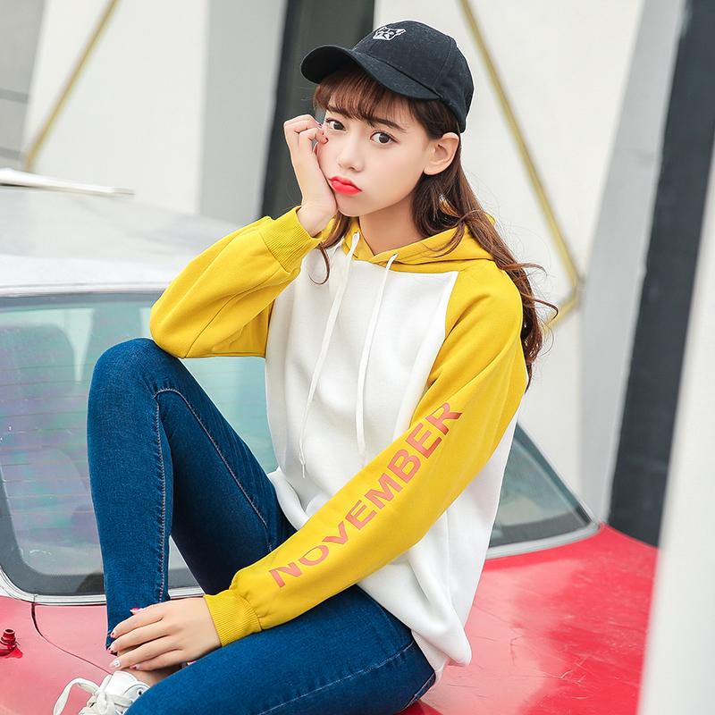 Musim Gugur dan Dingin Model Baru Campur Warna Bahasa Inggris Lengan Bersablon Hoodie Kaos Sweater Perempuan Versi Korea Tambah Beludru Penghangat Murid Atasan Jaket Pasang