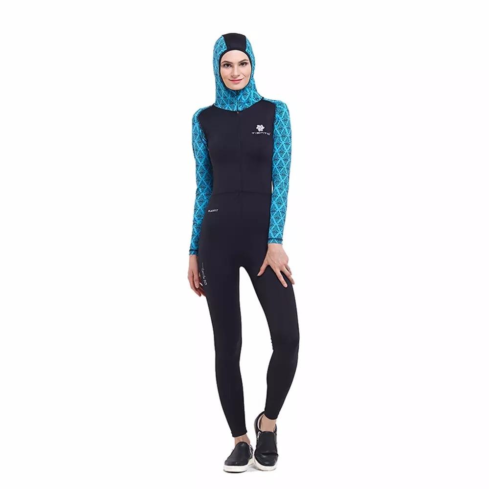 Tiento Black Turquoise Wetsuit Hoodie Baju Renang Wanita Muslimah Original
