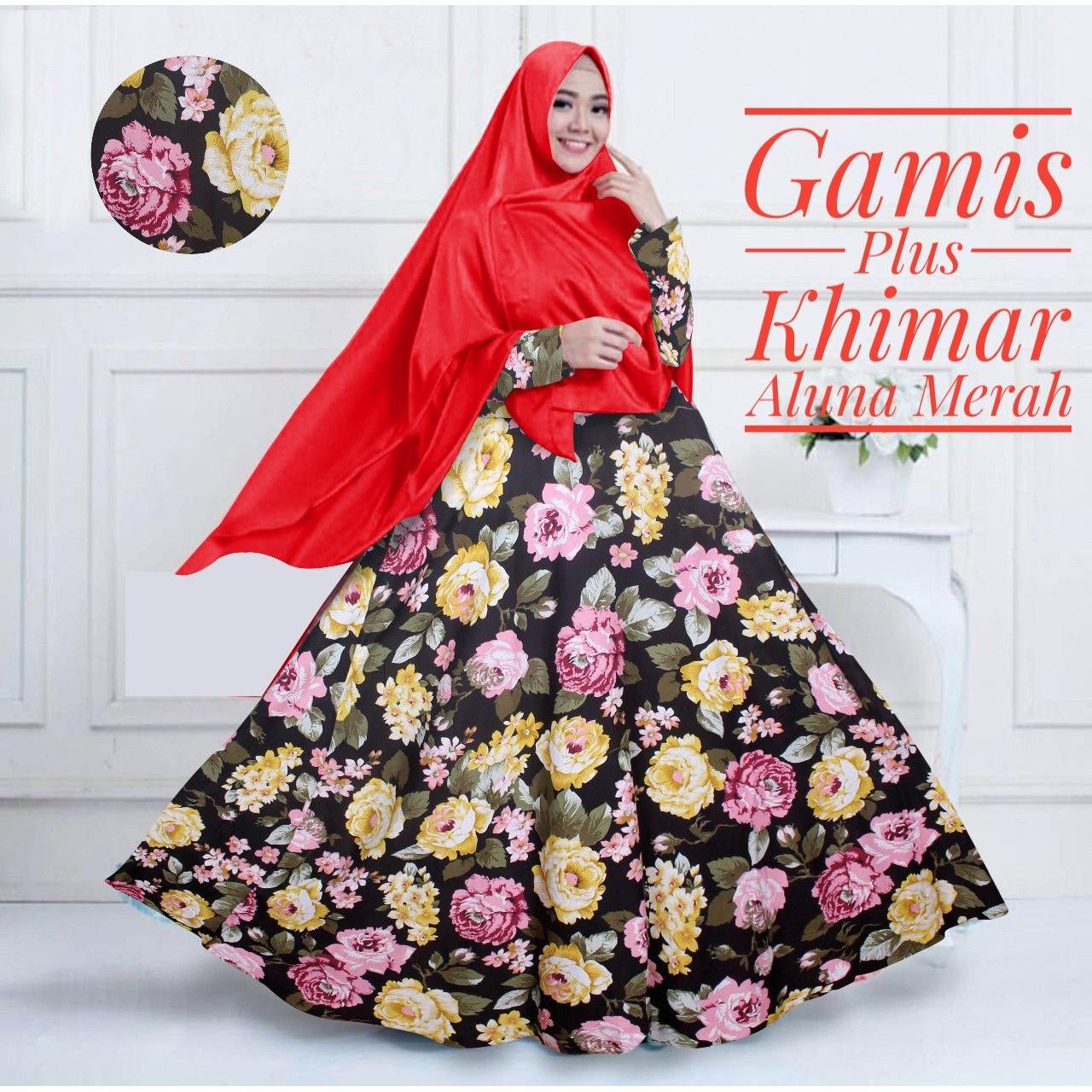 Gamis Katun Aluna Set Dengan Khimar Warna Merah