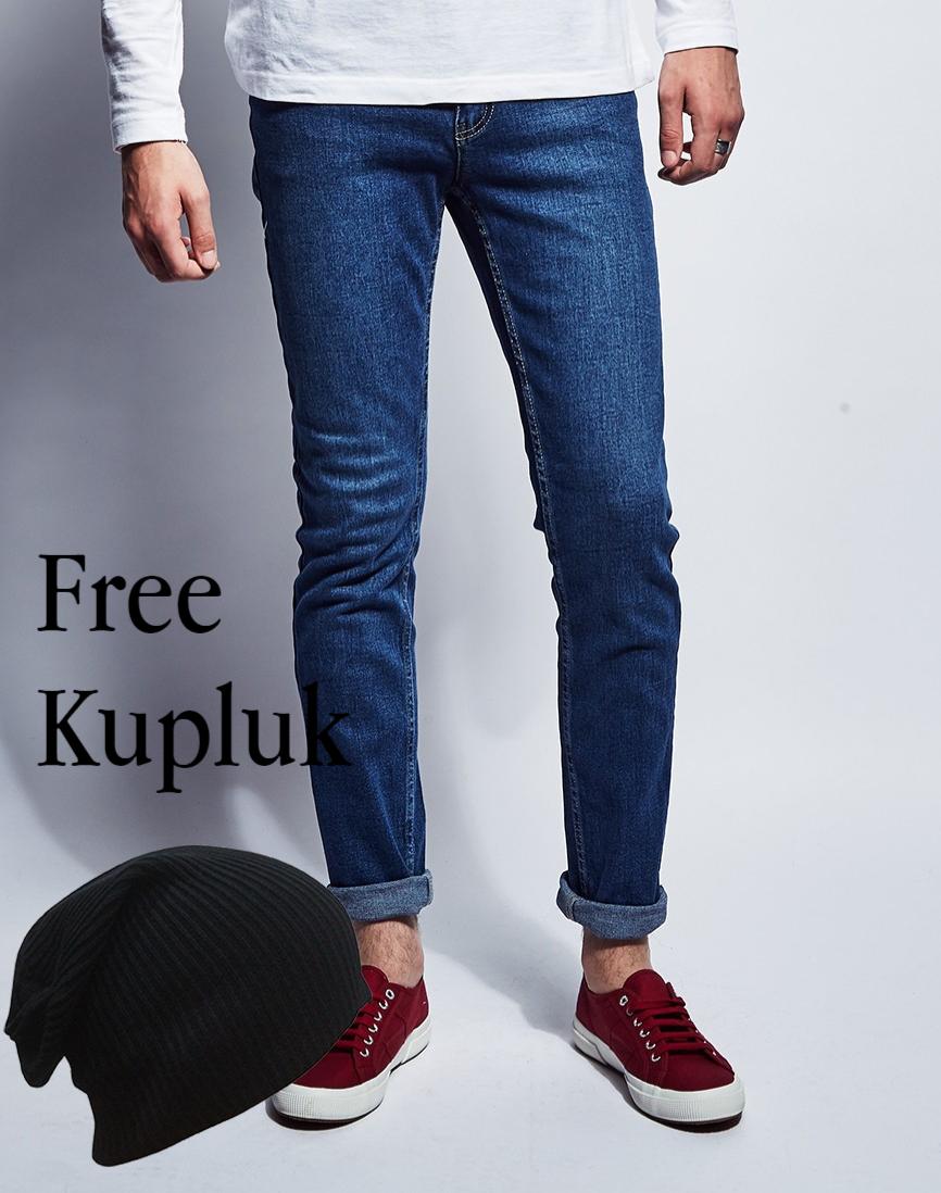 Celana Jeans Pria Stretch - Blue Skinny Slim Fit Free Kupluk /Topi Trand