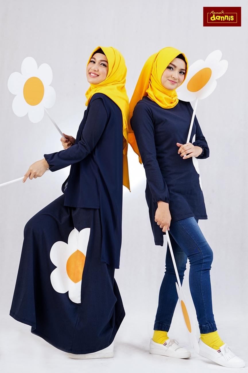 Abaya Dannis Baju Muslim Sarimbit Eggy Flower - Navy - Bunga