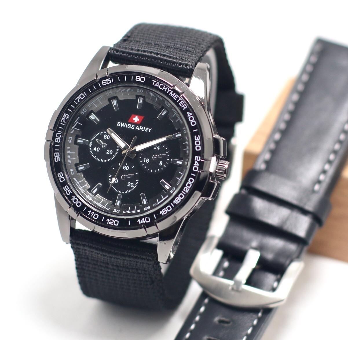 Swiss Army Kasual Kanvas Jam Tangan Pria Fitur Chrono Variasi Free ( Box Special Edition&Tali kulit) Terbaru Keren