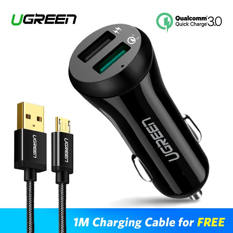UGREEN Original Quick Charge 3.0 Car Charger for Samsung Xiaomi Redmi Handphone hp Dual USB Ports 30W Fast Charging+Free 1Meter Micro USB Fast Charging Cable