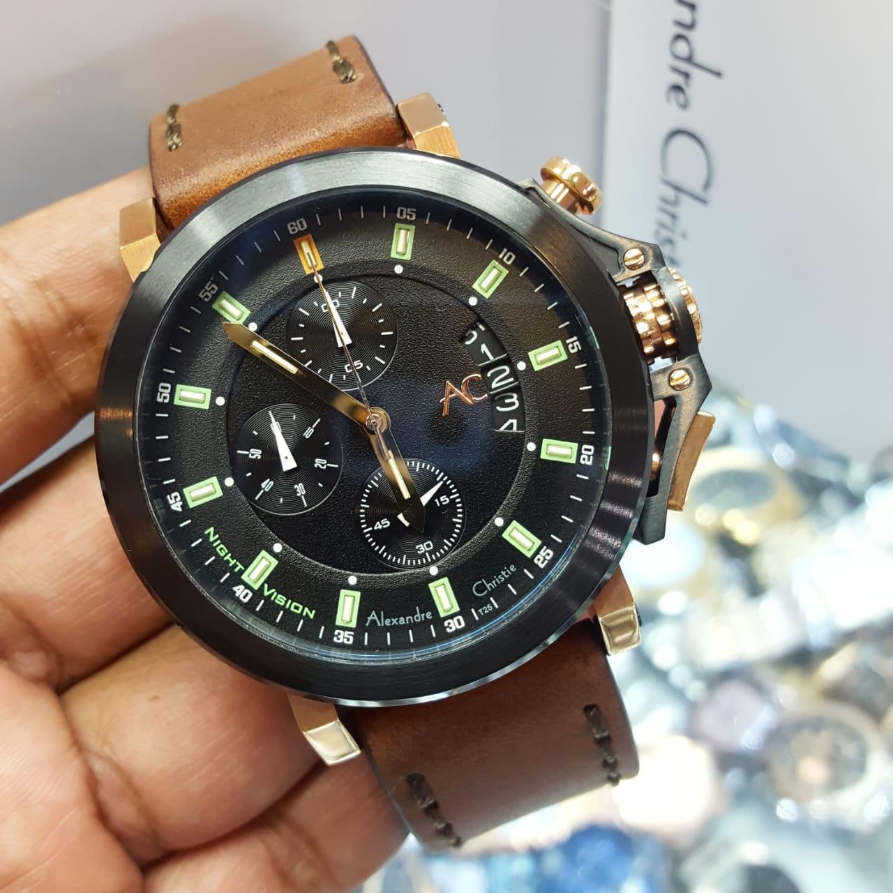 Alexandre Christie AC9200 Original Jam Tangan Pria Stainless Leather Coklat Rosegold