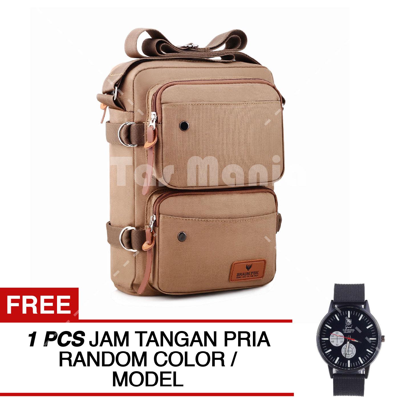 Tas Selempang Braun Fox Achilles Canvas Outdoor Slingbag - COKLAT MUDA - Crossbody Man + FREE Jam Tangan Pria ( RANDOM Model + Color ) Tas Pria Tas Messenger Tas Slempang Crossbody Man Tas Fashion Pria