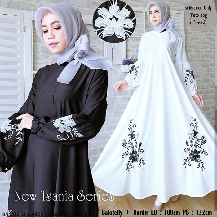 Baju gamis new tsania dress bordir hitam putih baru murah elfan fashion