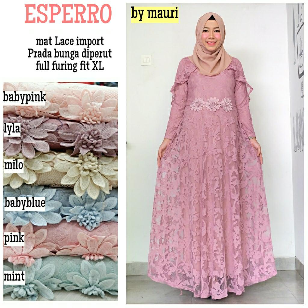 Gamis Long dress maxi wanita muslim brokat lace espresso fit. gaun cape