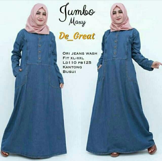 Gamis Jeans Original Jumbo Maxy Dress Baju Muslim Long Dress Casual Wanita Modern Terbaru Modis Trendy