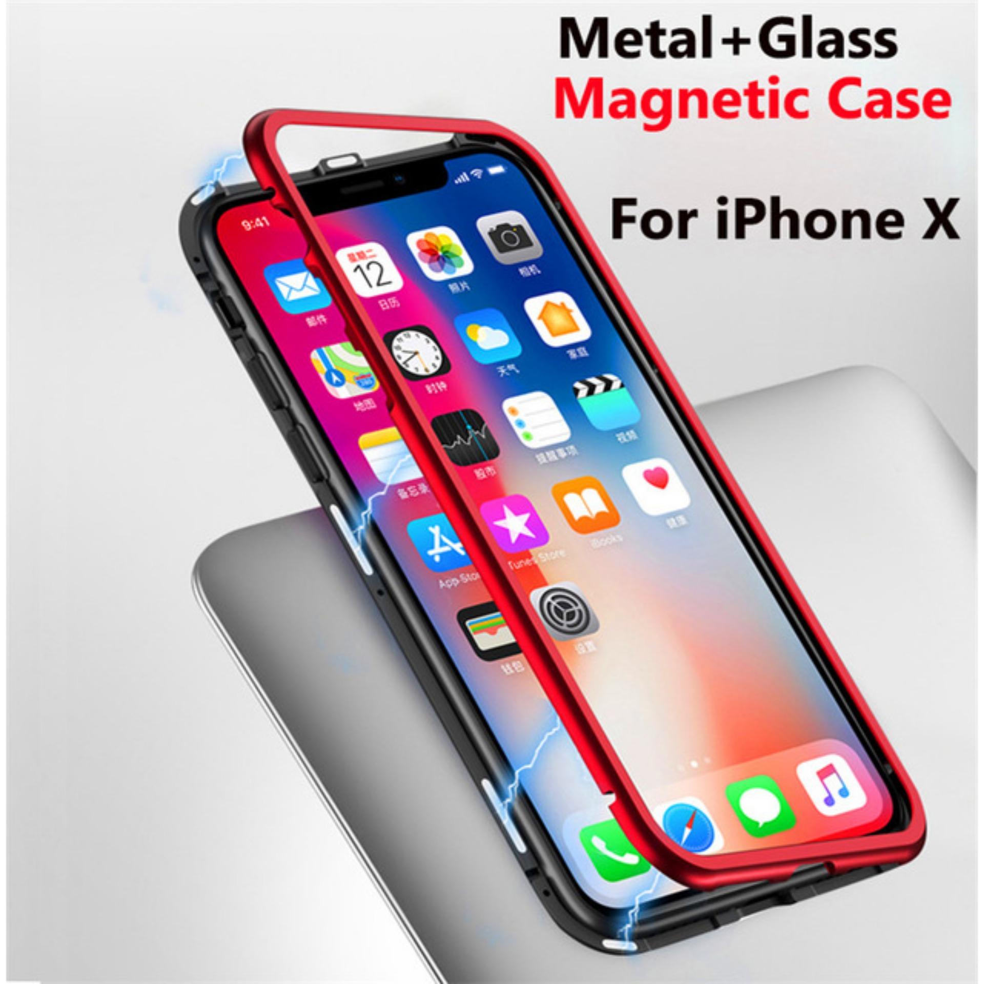 LOLLYPOP Magnetic Absorption Glass Case Apple iPhone 7 Plus/8 Plus Red Merah Metal Ultra Flip Cover 360 Protection Magneto
