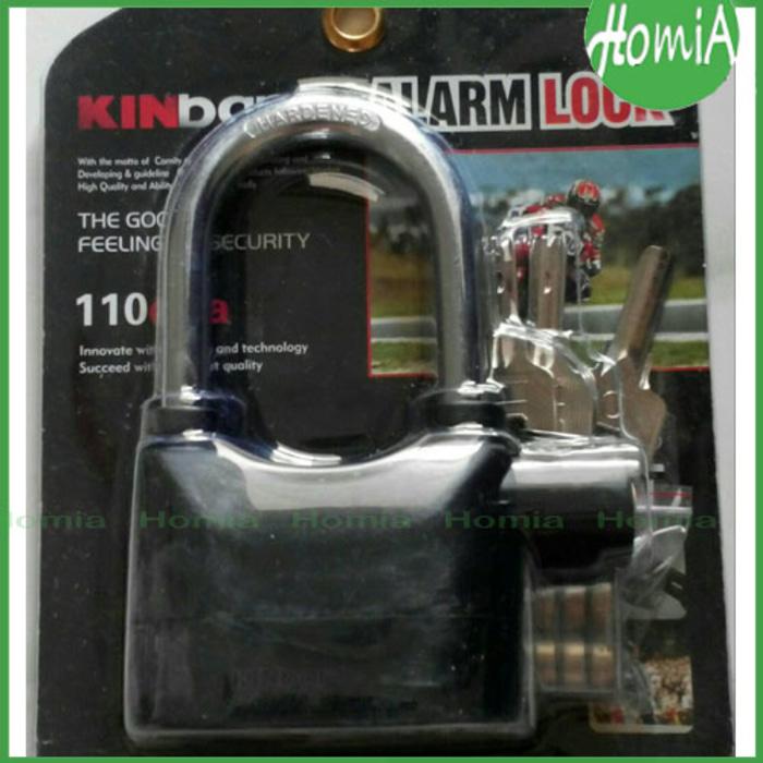 Gembok Alarm Kinbar Hitam Ring Panjang (12 cm) | ( gembok alarm motor anti maling koper sepeda pagar cakram kinbar kode tas mobil clock rumah sensor gerak pintu digital remote lock bht ) |