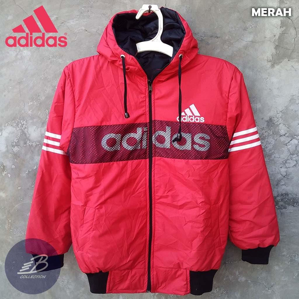 Jaket Adidas Anak Bahan Parasut Tebal Hoodie Ukuran Tanggung Merah Merah