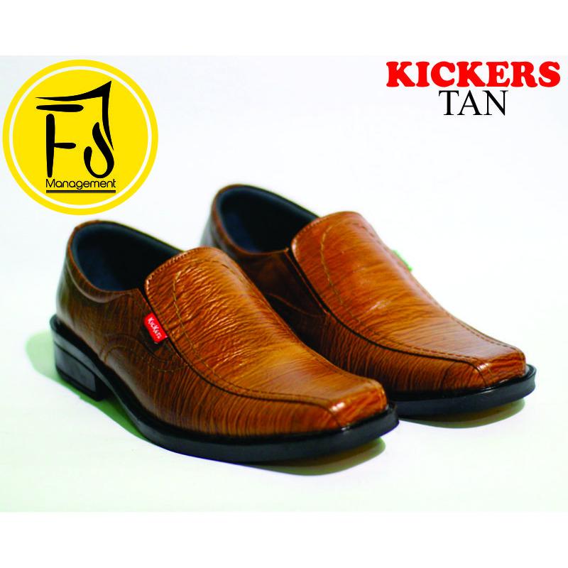 Sepatu Kickers Asli Kulit Sapi Pantofel Formal Pria Kerja Kantor Warna Hitam & Tan