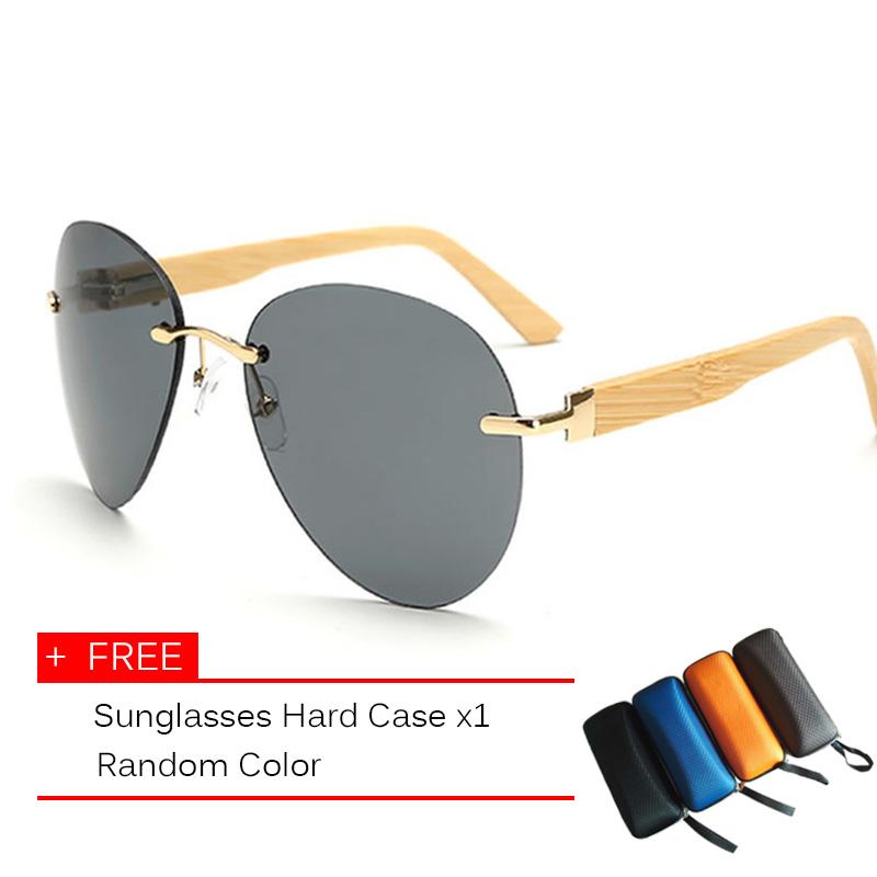 Pria Retro Percontohan Rimless Bambu kacamata hitam untuk Mens Polarized Desain Batal UV kacamata hitam di Kayu Box - intl