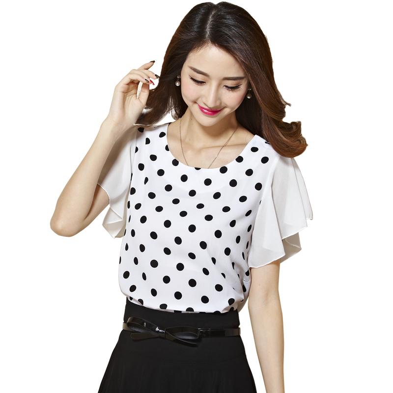 Kemeja Jersey Rayon Baju Lengan Daun Lotus Polkadot Atasan Korea Modis Gaya Butik (Warna Dasar Putih Hitam Bulat)