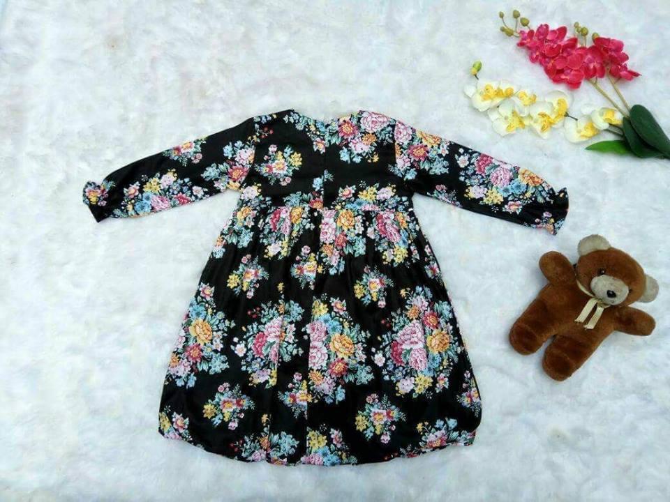 Fairuz Hijab, Baju Gamis Anak Perempuan Bahan Katun Jepang Model Balon, Baju Muslim Anak Branded Rifara Motif Bunga, Busana Muslim Anak Warna Hitam ( Gamis Only ) Usia 1 - 2 Tahun