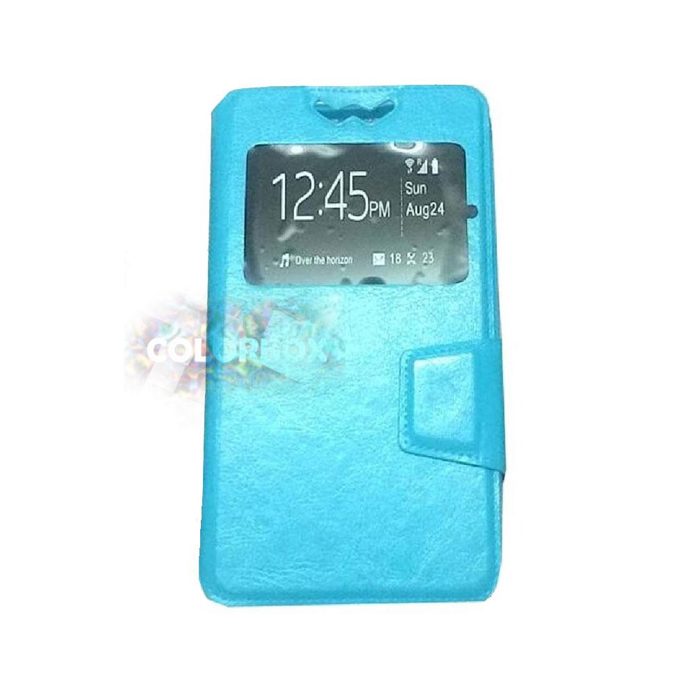 MR Universal Leather Case with Windows View F3 Sky Blue / Flip Shell Universal F3 Ukuran 4.3 - 4.5 Inch View / FlipCover F3 Untuk Handphone Ukuran 4.3 - 4.5 Inch / Sarung Handphone Universal Ukuran 4.3 - 4.5 inch / Flipshell Universal View - Biru Muda