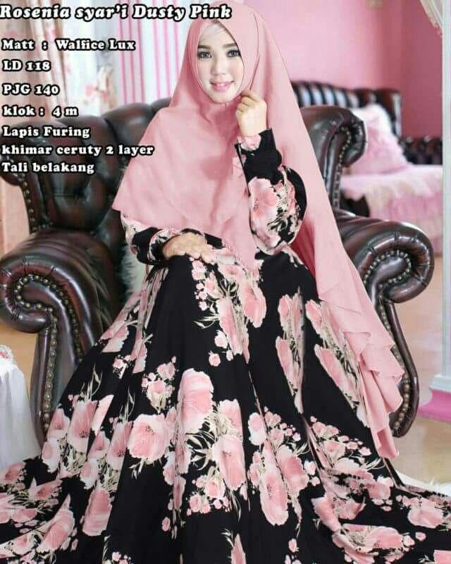 GAMIS SYARI WOLFIS MURAH ROSENIA WARNA HITAM BUNGA SALEM PLUS KHIMAR