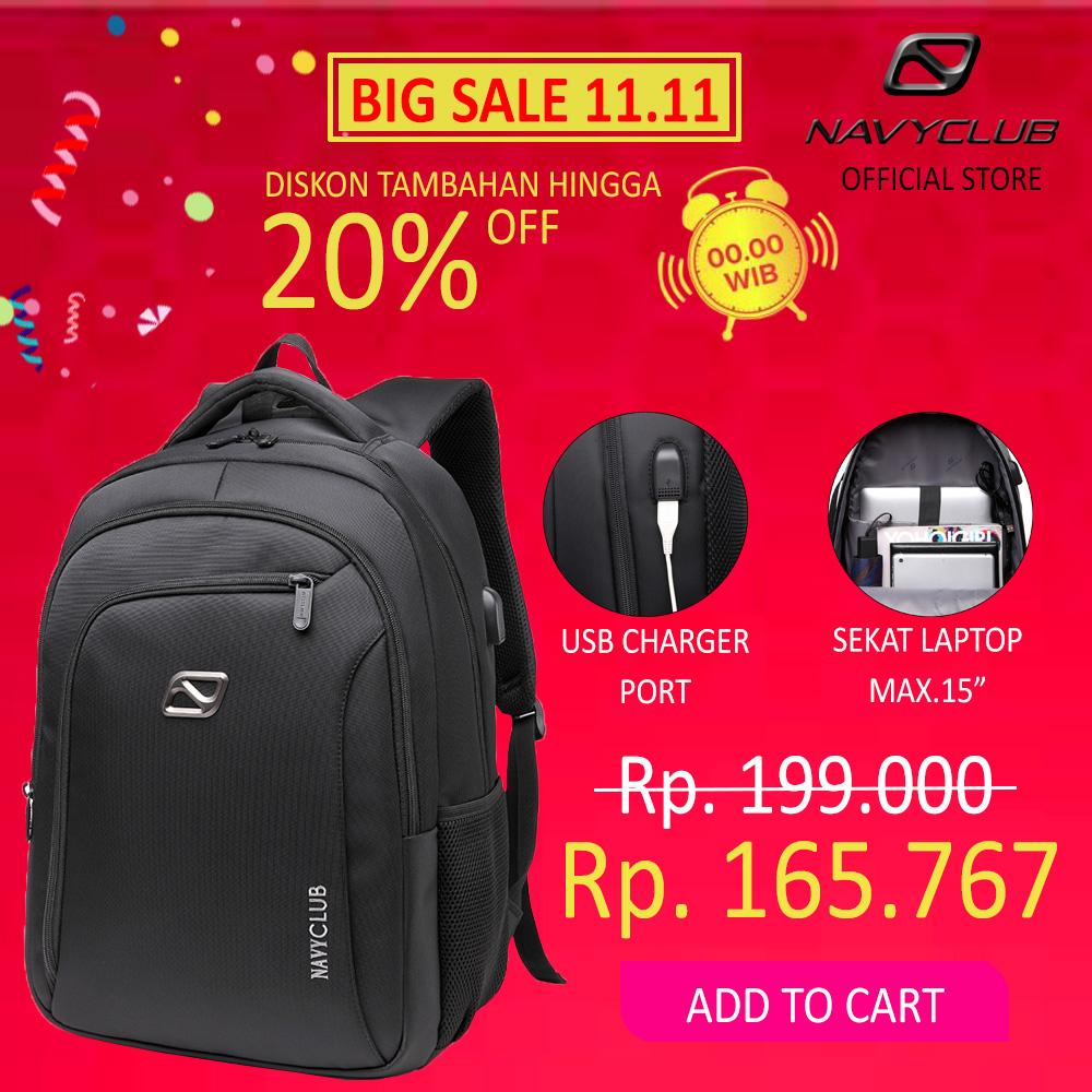 Navy Club Tas Ransel Laptop - Tas Pria Tas Wanita Tas Punggung - Backpack built in USB Charger Up to 15 inch Anti Air FBJFB BPU - Black Bonus Cover Tas