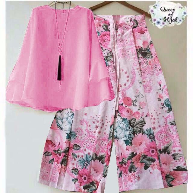 YUNA-COD STELAN KULOT DAISY PINK SET PAKAIAN WANITA MUSLIMAH SETELAN BAJU DAN CELANA KULOT DAISY PINK