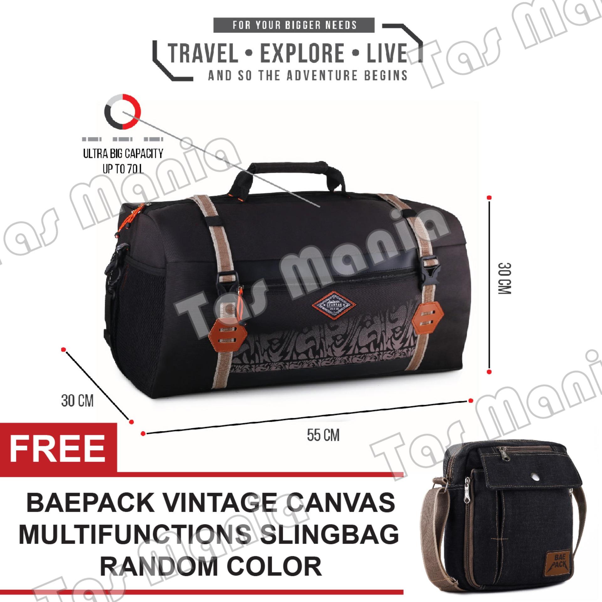 PROMO MUDIK LEBARAN - Tas Mudik Gear Bag Excalibur Crossover Travel Bag - Duffle Bag - Tas Pakaian Multi Fungsi - Tas Jinjing dan Tas Selempang Authentic Edition – Black + FREE Baepack Canvas Vintage Multifunctions Random Color Tas Pria Tas Fashion Pria