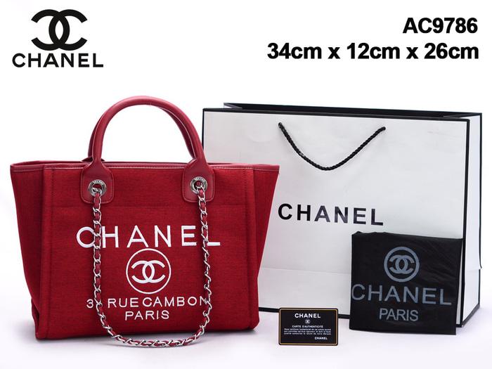 Harga Diskon!! Tas Chanel Deauville Small Tote Canvas Merah Semprem Ac9786 - ready stock