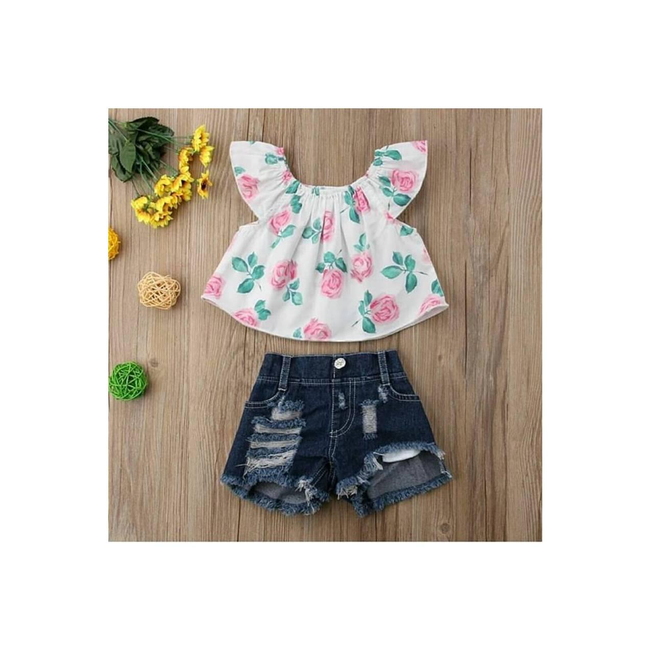 Setelan 2in1 baby girl sabrina flower celana jeans import
