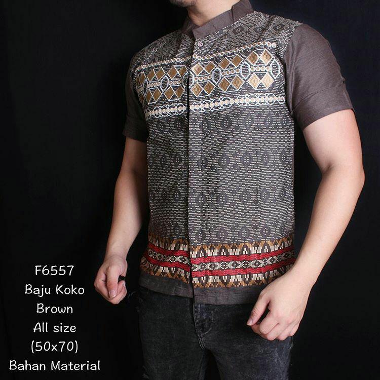 Baju Kemeja Koko Lengan Pendek Hari Raya Pria Motif Batik Brown A