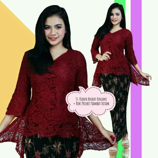 STELAN KEBAYA BRUKAT BEST SELLER / KEBAYA BRUKAT RINJANI MURAH MAROON PLUS ROK PRISKET RAMBAT HITAM