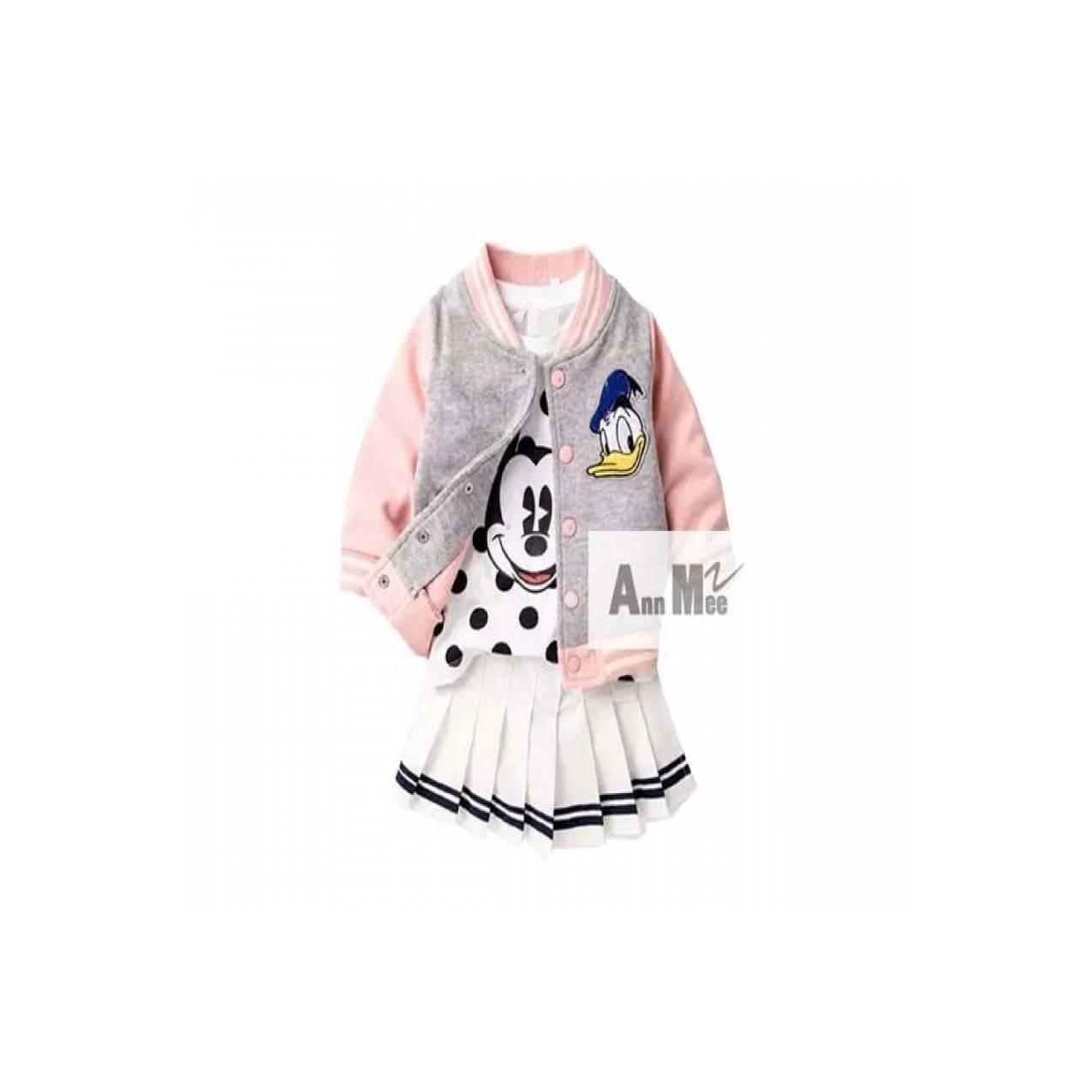 Baju Setelan Anak Perempuan Ann Mee 3in1 Kaos Minnie Polka Rok Jaket