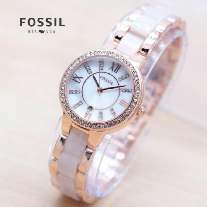 DISKON Jam Tangan Wanita / Cewek Fossil Rantai Kombi Mica White Rose TERMURAH