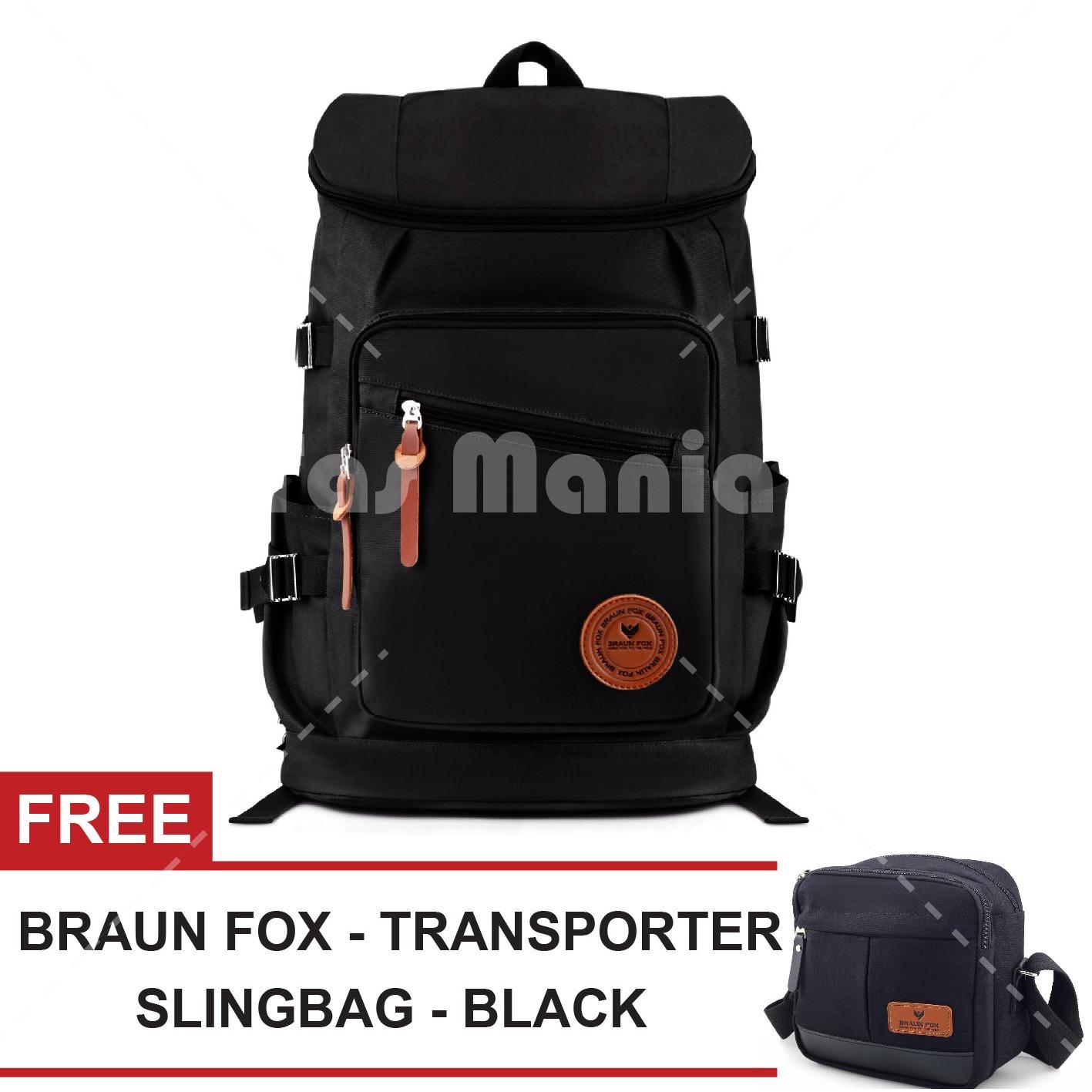 Tas Ransel Braun Fox Shimon Travel Tas Laptop Backpack Outdoor Man Canvas Large Backpacker Man - Hitam + FREE Tas Selempang Braun Fox Transporter - Black Tas Pria Tas Messenger Tas Slempang Crossbody Man Tas Fashion Pria