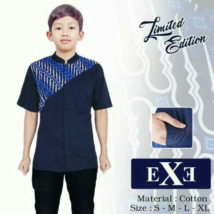 Kemeja / Baju Koko Muslim anak - Biru Dongker Kombinasi Batik - Navy